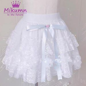 Dresses Haruku Gothic Lolita Sweet Lace Tutu Skirt Y2k Kawaii Ribbon Bow Rose Pink Blue Elastic High Waist Sexy Mini Tulle Skirts