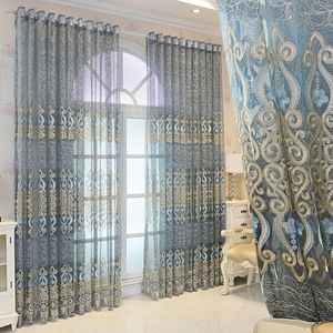 Curtain European Luxury Sheer Curtains For Bedroom Blue Floral Jacquard Romantic Patio Door Voile Panels Window Drapery