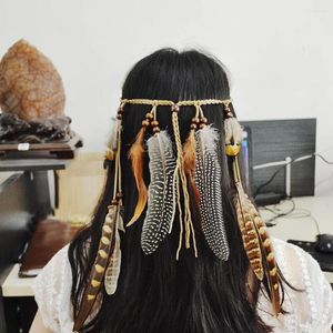 ヘアクリップボーホーヴィンテージエスニックアダルトバンドピーコックフェザーペンダントヘッドバンドの葉ロープニットベルトエラスティックヘアウェアヘッドドレスジュエリー