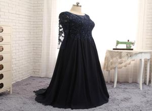 2017 Ny ankomst Dark Navy Mother of the Bride Dresses Plus Size Scoop Long Sleeves Chiffon Sheer med Applique Shining Sequin BE5816511