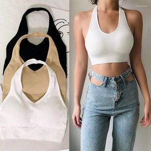 Camisoles Tanks 2023 Sexy Halter Backless Bra Camisole Para Mulheres Suspensórios Suspensórios Esportivos Sem Arame Tops Crop Sólidos à Prova de Choque Lingerie