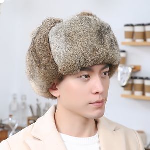 Chapéu de pele de coelho real masculino Russo Ushanka Hat Trapper Winter Warm Hunter Aviator Hat Outdoor Boné