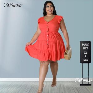 T-Shirt Wmstar Plus Size Kleider für Frauen Sommer 2022 Solide V-Ausschnitt Knopf Lose Lässige Süße Elegante Minikleid Großhandel Dropshipping