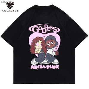 aolamegsヒップホップTシャツの男性漫画カップルプリントストリートウェアOネックファッションカレッジスタイルコットン居心地の良い特大トップスTシャツ夏L230520