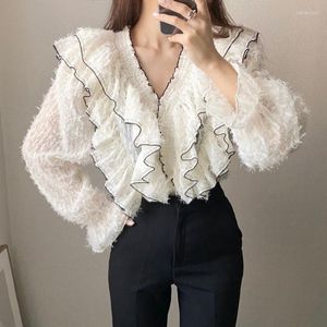 Kvinnors blusar kvinnors toppar och elegant ruffle v-ringen långärmad vit olskjorta fast färg kemis femme blusa feminina streetwear