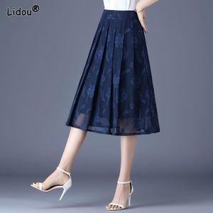 skirt Summer Chiffon Embroidery Empire Midcalf Floral Aline Skirt Hot Selling Office Lady Folds Temperament Women's Clothing Grace