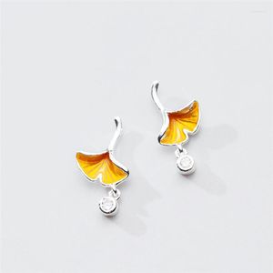 Stud Earrings Sole Memory Colored Drip Glaze Crystal Ginkgo Leaves Silver Color Fashion Female SEA742