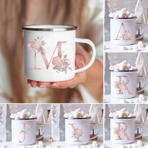 텀블러 핑크 레터 꽃 에나멜 커피 컵 신부 파티 창조적 인 음료 주스 핸들 워터 웨딩 선물 230531