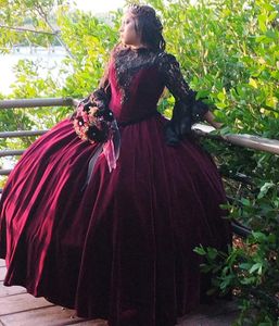 Viktorianisches burgunderrotes und schwarzes Ballkleid, Gothic-Puffy-Rock, langärmlig, Spitze, mittelalterlich, Retro, Renaissance, Schleife, Abendkleid, keltisch