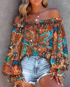 Herrenpullover Boho Schulterfrei Druckhemden Blusen Frühling Sommer Frauen Rüschen Schnürhemd Lässig Lose Damen Tops Und