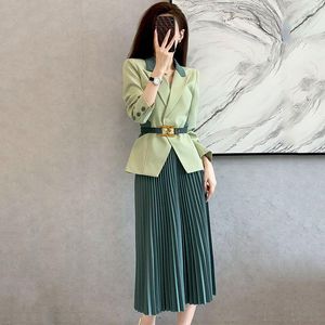 Two Piece Dress Insozkdg Women's Elegant Suit Pleated Midi Skirt Two-piece Spring Autumn Slim Blazers Set Korean Fashion Professional