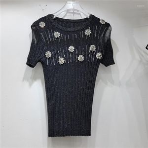 Koszule damskie 2023 Spring Summer Knitover Pullover Rhinestone Mesh Slim Knitting T-shirt dla kobiet elastyczność T-shirts