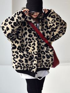 Trench Coats Feminino Feminino Inverno e Início Primavera Plus Size Lazer Arte Estilo Ocidental Estampa de Leopardo Quente com Capuz Solto Casaco de Lã de Cordeiro