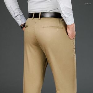 Calças masculinas 2023 primavera outono negócios roupas casuais masculinas retas pura cintura média a alta algodão elástico marca calças