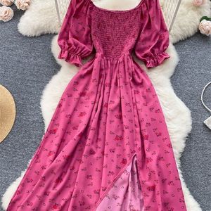 Grundläggande avslappnade klänningar Yuoomuoo Fast Women Dress Fashion Romantic Floral Print Split Long Summer Dress Puff Sleeve Party Korean Vestidos 230531