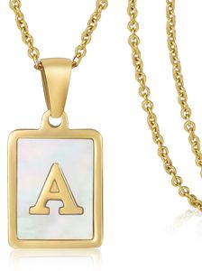 From letter A to letter O shell necklace square titanium steel letter pendant, fashion designer customized shell inlaid square pendant necklace Women's Necklace