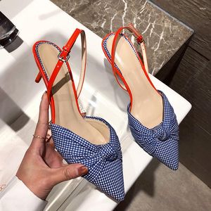 Sandals 2023 Stilleto High Heels Shoes Ladies Office Party Traf Pointed Toe Ankle Strap Pumps Women Gingham Cloth Bow Sandalias