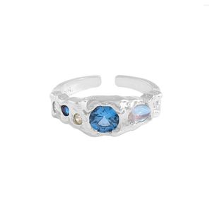 Cluster Rings Small And Luxurious Design With Pleated Texture Blue Zircon Moonstone Ring 925 Sterling Silver Female