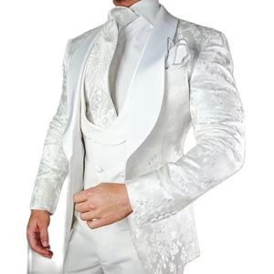 Calças branco floral casamento smoking para o noivo 3 peça magro ajuste ternos masculinos com cetim xale lapela personalizado masculino moda traje jaqueta colete