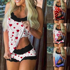 Pijamas femininos conjunto de pijama shorts de renda lingerie estampados camisolas para vintage sexy duas peças