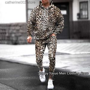 Men's Tracksuits Leopard print Men's Sweatpants Tracksuit 2 Piece Set 2023 Autumn winter Long Sleeve Fleece Hoodie+Long Pants Streetswear Clothes T230601