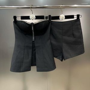 女性用トラックスーツプリプンプコレクションノースリーブストラップレスサイドラインストーン苦しめられたタンクトップスリムショーツ2ピースセット衣装403