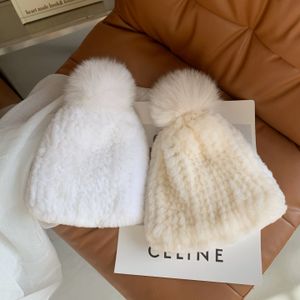 Double Side Fur Real Rex Rabbit Fur Hat Thick Winter Knitted Stretch Beanie Cap