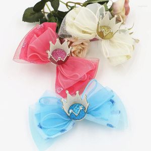 Hair Clips 6PCs/Lot Lace Chiffon Ribbon Bow With 3D Princess Crown Decorated DIY Button Patch Sticker Craft Jewelry