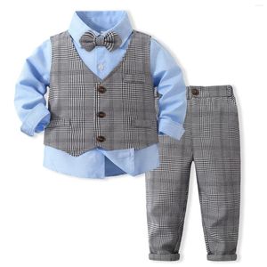 Conjuntos de roupas conjunto de colete para meninos camisa azul clássica com calças xadrez cavalheiro crianças roupas de casamento primavera outono ternos de algodão