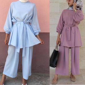 Women's Two Piece Pants Women 2 Outfits Long Sleeve Loose Fashion Muslim Abaya O-Neck Sashes Elastic Waist Solid Office Lady Sets