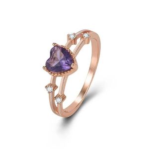 Bandringe Mode Rose Gold Imitation Amethyst Ring Luxus Herzförmige Kristall Zirkon Nette Exquisite Petite Dame Schmuck Drop Deliv Dhirc