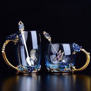 Tumblers Blue Rose Emamel Crystal Cup Flower Tea Glass Höggrad Mugg med handgrepp Perfekt gåva för Lover Wedding 230531