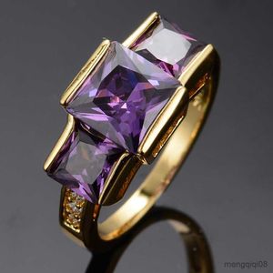 Anéis de banda elegante feminino anel de cristal roxo grande charme cor de ouro fino casamento para mulheres luxo quadrado zircão noivado