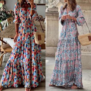 Grundläggande avslappnade klänningar Kvinnor Fashion Print V Neck Maxi Dress Tunic Tie Long Sleeve Casual Long Vestidos Beach Holiday Sundresses Robes 230531