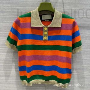 Kadın T-Shirt Tasarımcısı Renkli Çizgili Kısa Kollu Polo Gömlek Günlük Moda Renk Kontrast Tasarımı İnce Örgü Üst LF4G