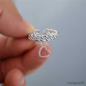 Band Rings Female White Crystal Open Ring Charm Silver Color Wedding For Women Cute Hollow Heart Pendant Engagement