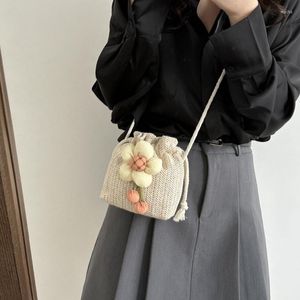 Evening Bags Hand-woven Bucket Bag For Women Drawstring Crossbody Cute Straw Shoulder Fashion Mini Messenger Travel