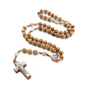 Pendant Necklaces Natural Pine Cross Necklace Catholic Rosary Christian Religious Jesus Handwoven Jewelry Drop Delivery Pendants Dhtcx