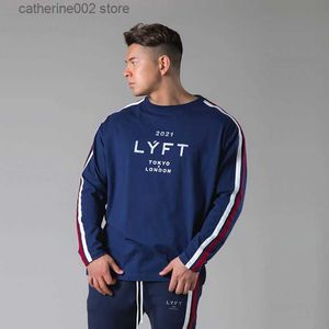 Camisetas masculinas nova moda marca academia esportes masculinos elástico mangas compridas casuais soltas roupas esportivas suéter de algodão azul marinho masculino tops com clipe lateral t230601