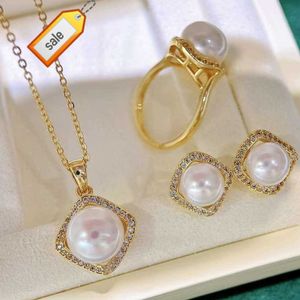 Freshwater Pearl Necklace Earrings Ring Set Pearl Jewelry Set Natural 10-11mm Trendy Women's Zircon Real Diamond Jewelry Sets