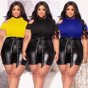 Herren T-Shirts Zweiteilige Sets Damen Outfits Schulterfreies Top und Shorts Set Leder Sexy Plus Size Anzüge Großhandel Sommer 2023 Hosen