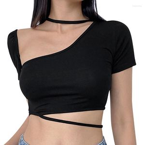 T-shirt da donna Kayotuas T-shirt da donna Summer Halter One Shoulder Slim Exposed Navel Pullover tinta unita nero bianco Ladies Crop Tops