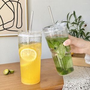 Wine Glasses 600ML Stripe Glass Cup With Lid And Straw Transparent Ice American Coffee Summer Drinking Bubble Tea Juice