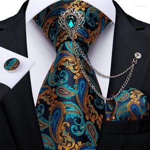 Bow Ties Teal Green Gold Paisley Men's Tie Set Business Necktie Handkerchief Cufflinks 8cm Width 150cm Wedding Drop DiBanGu