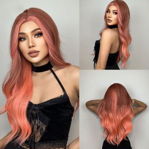 Sentetik saç peruk turuncu pembe uzun kıvırcık saç 24 inç kadın dantel ön peruklar