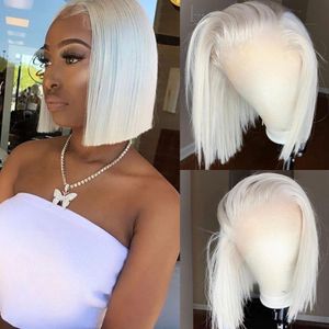 Brasilianskt hår 13x4 #60 färg vit/platium blond bob spets front peruk före plockad rak syntetisk spets frontal peruk för kvinnor