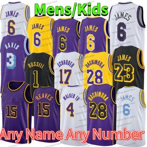 Jersey LeBron Kid Bryant James Basquete Russell 15 Austin Reaves Anthony 3 Davis Hachimura Jarred Vanderbilt Lonnie Walker IV Gabriel Amarelo No.6 Jersey costurada