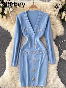 Basic Casual Dresses Women Knitted Pencil Dress Korean Long Sleeve V Neck Elastic Slim Dress Autumn Winter Sexy Bodycon Warm Sweater Dress 230531