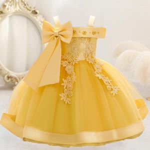 Abiti da ragazza Vestiti per bambini Abito da festa per battesimo con fiocco grande bianco per ragazze Abito da ballo per matrimonio estivo da damigella d'onore in pizzo 1 ° compleanno