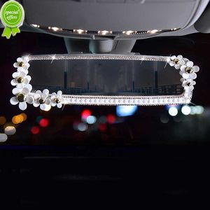 Novo bling carro diamante interior espelho retrovisor decoração margarida flor cristal espelho retrovisor do carro para meninas mulheres acessórios automotivos